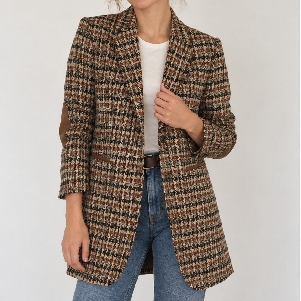 Tommy Hilfiger Houndstooth Plaid Long Blazer Jacket Brown Elbow Patch Size 8